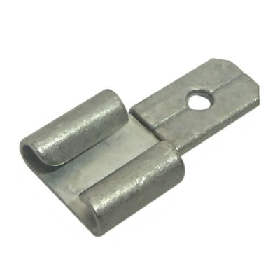 The INF99 Battery Terminal Adapter F2 Female to F1 Male is a grey steel clip with two cylindrical loops and a flat section with a hole, ideal for securing or connecting objects.