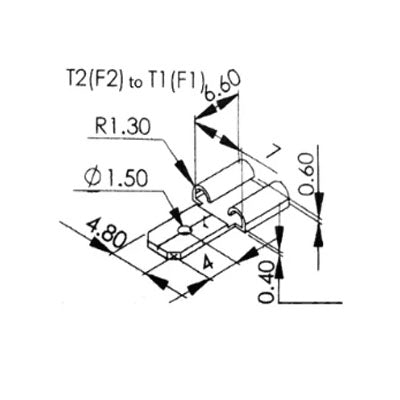 A technical drawing highlights dimensions—6.60, 1.50, 0.60, 0.40, and 4.80—with curved and straight edges featuring labels like the INF99 Battery Terminal Adapter F2 Female to F1 Male and R1.30 notation along with T2(F2) and T1(F1) male tab markers.