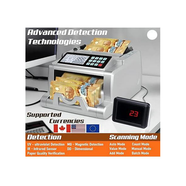 The image features the PCPOS Systems ASSUR Money Counter Machine in silver, which counts 1000 notes per minute and detects counterfeit using UV/MG/IR/DD. It efficiently handles various currencies, including Canadian bills, with a 23 digital display and includes 300 paper wraps.