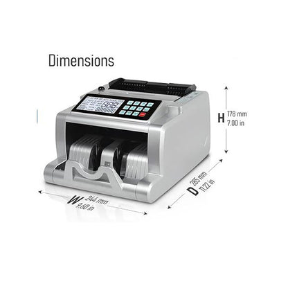 The silver ASSUR Money Counter Machine by PCPOS Systems features a digital screen and keypad, measures 264 mm x 178 mm, includes two counting slots, and is an efficient cash counting system for Canadian currency.