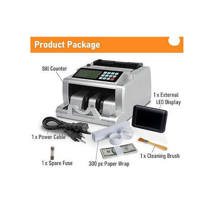 The image shows a PCPOS Systems ASSUR Money Counter Machine for Canadian currency, with UV/MG/IR/DD detection. It includes a bill counter (1000 notes/min), an external LED display, power cable, spare fuse, 300-piece paper wrap, cleaning brush, and fake money detection—perfect for various businesses.