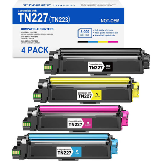 Four toner cartridges (black, cyan, magenta, yellow) from PCPOS Systems are shown in front of a box labeled “TN227 Toner Cartridge Compatible Replacement for TN223, 4 Combo Pack.” Compatible with Brother MFC-L3770CDW, HL-L3270CDW, and more.