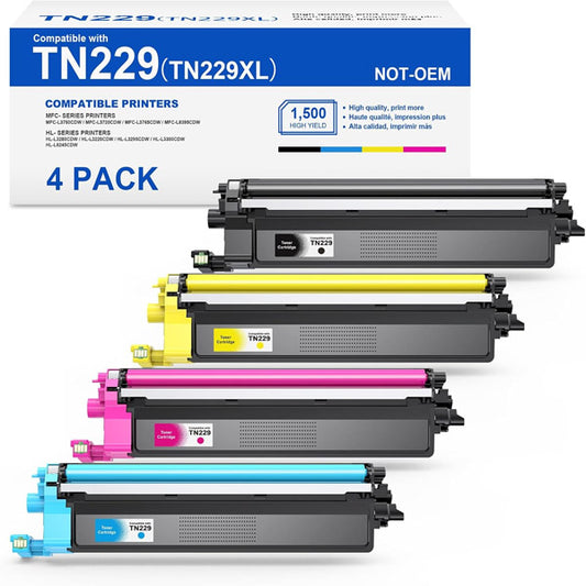 Four high-yield toner cartridges (black, cyan, magenta, yellow) from PCPOS Systems are shown before a box marked "Compatible with TN229XL." Packaging lists support for MFC-L3780CDW, HL-L3220CDW, and other Brother printers.