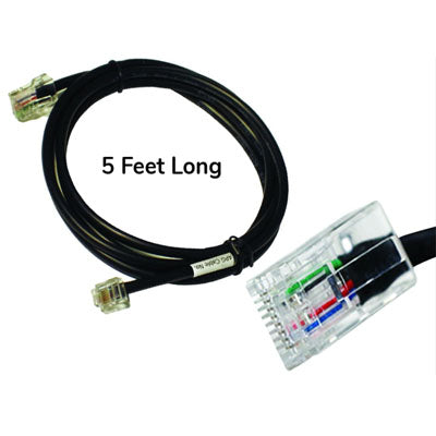 A black Ethernet cable, coiled neatly with a clear plastic connector displaying color-coded wiring, reads 5 Feet Long. The APG Cash Drawer Cable by PCPOS Systems A1 is compatible with APG CD-101A and works seamlessly with Epson and Star printers.