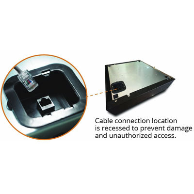 A close-up of a recessed cable slot in a metallic device. Text states, Recessed cable connection prevents damage and unauthorized access. The PCPOS Systems A1 APG Cash Drawer Cable with RJ45 connector is shown beside the slot, ideal for Epson and Star printers.