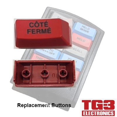 The red CÔTÉ FERMÉ button, with 3 attachment pegs, is next to a control panel with various buttons. Featuring the TG3 Electronics logo, its labeled as Replacement Bump Bar Buttons, ideal for TG3 Kitchens drive-thru kitchen video system by PCPOS Systems A2.