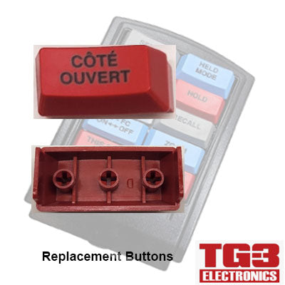 Close-up image of red TG3 Bump Bar Key Caps labeled CÔTÉ OUVERT. Visible from top and bottom, with keypad parts in the background. Labeled Replacement Buttons and TG3 ELECTRONICS, perfect for a Drive-Thru Kitchen Video System. Product by PCPOS Systems A2.