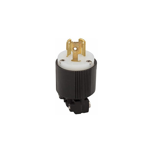 A close-up of the PCPOS Systems COOPER WIRING DEVICES CWL515P Arrow Hart Safety Grip Locking Plug, featuring a white/black body and brass terminals, industrial grade for heavy-duty 15A 125V power connections.