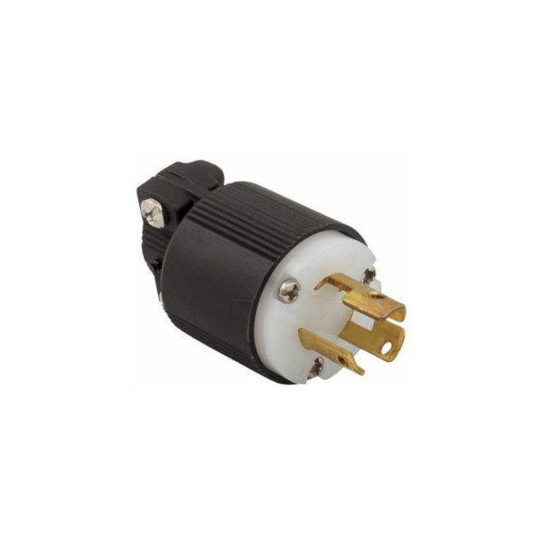 A close-up of the PCPOS Systems COOPER WIRING DEVICES CWL515P Arrow Hart Safety Grip Locking Plug, industrial grade, 15A 125V straight, with black body, white base, and brass prongs on a plain white background.