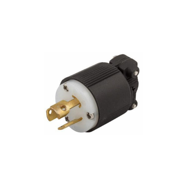 A close-up of the PCPOS Systems COOPER WIRING DEVICES CWL515P Arrow Hart Safety Grip 15A 125V industrial grade locking plug with three brass prongs, designed for heavy-duty power connections.