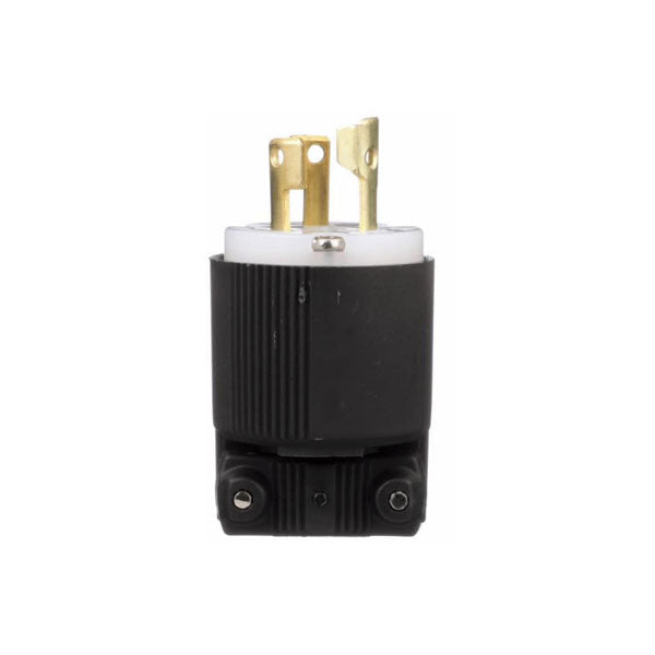 A close-up of the PCPOS Systems COOPER WIRING DEVICES CWL515P Arrow Hart Safety Grip Locking Plug, industrial grade, 15A 125V, black and cylindrical with two flat brass prongs and a round grounding pin, viewed from the prong side.