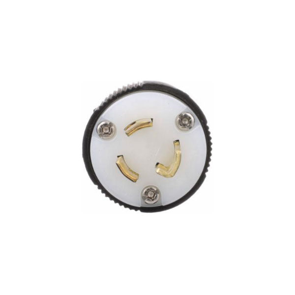 Close-up of PCPOS Systems COOPER WIRING DEVICES CWL515P Arrow Hart Safety Grip Locking Plug, 15A 125V industrial grade, three-prong with round white face and gold contacts; L5-15 type shown.