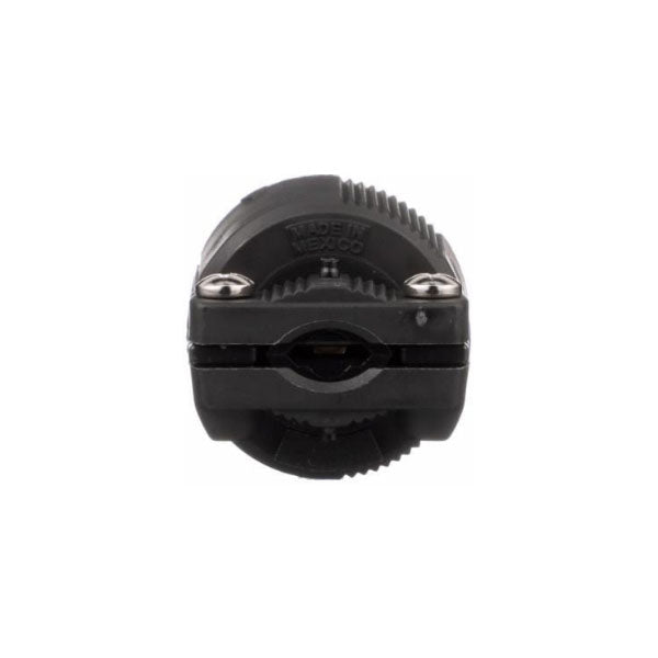 Front view of the PCPOS Systems COOPER WIRING DEVICES CWL515P Arrow Hart Safety Grip Locking Plug, 15A, 125V, industrial grade, with visible screws on top and a straight design.