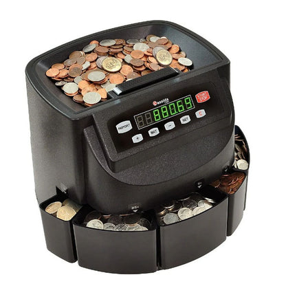 The PCPOS Systems Cassida Corporation Canadian Coin Counter (C200CAD) sorts and counts mixed coins, showing totals on its display while sorted coins are collected in separate trays below.