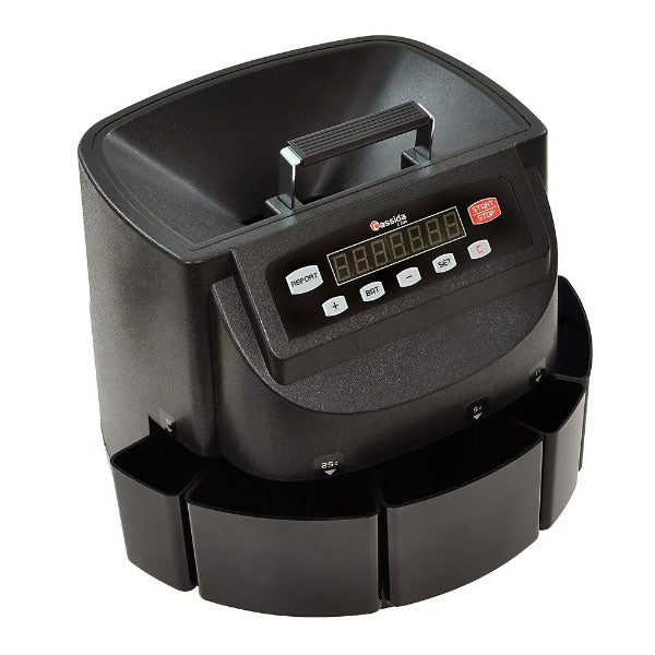 The PCPOS Systems Cassida Corporation C200CAD is a black electronic Canadian coin counter and sorter with digital display, control buttons, and multiple trays for sorting and wrapping different denominations.