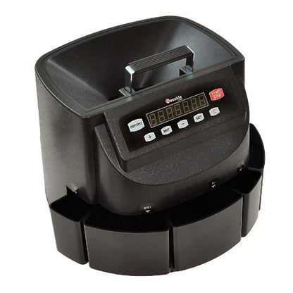 The PCPOS Systems Cassida Corporation C200CAD is a black electronic Canadian coin counter and sorter with digital display, control buttons, and multiple trays for sorting and wrapping different denominations.