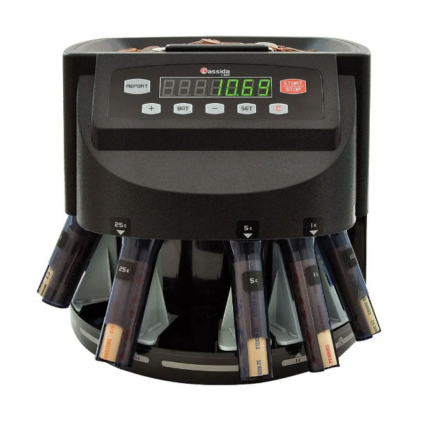 The PCPOS Systems Cassida Corporation Canadian Coin Counter (C200CAD) is a black digital sorter and counter with denomination tubes, an electronic display, and labeled front-panel buttons for fast, easy coin sorting and counting.