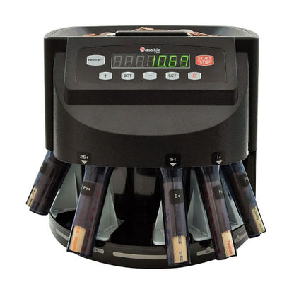 The PCPOS Systems Cassida Corporation Canadian Coin Counter (C200CAD) is a black digital sorter and counter with denomination tubes, an electronic display, and labeled front-panel buttons for fast, easy coin sorting and counting.