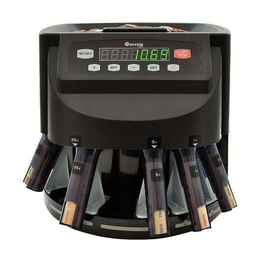 The PCPOS Systems Cassida Corporation Canadian Coin Counter (C200CAD) is a black digital sorter and counter with denomination tubes, an electronic display, and labeled front-panel buttons for fast, easy coin sorting and counting.