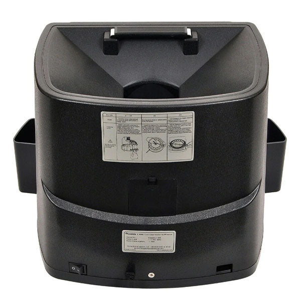 The Cassida Corporation Canadian Coin Counter (C200CAD) by PCPOS Systems is a black coin sorter with two side compartments, a top handle, instructional labels, and a bottom power switch.