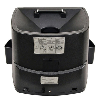 The Cassida Corporation Canadian Coin Counter (C200CAD) by PCPOS Systems is a black coin sorter with two side compartments, a top handle, instructional labels, and a bottom power switch.