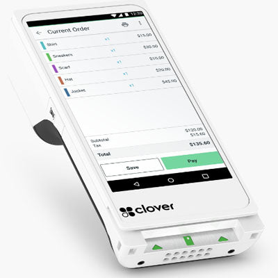 The portable PCPOS Systems Clover Flex Debit/Credit Terminal displays a current order list with items like shirt, sneakers, hat, and jacket. It shows subtotal, tax, and total amounts for easy payment processing options to either save or pay.