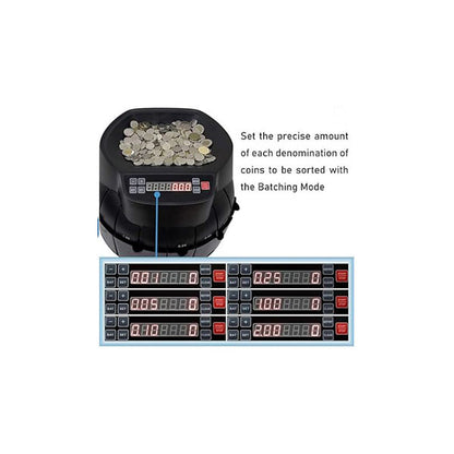 The ASSUR Canadian Coin Counter by PCPOS Systems features a digital display for sorting denominations. An enlarged numeric panel illustrates its automatic sorting and batching capabilities, perfect for offices, stores, restaurants, retail spaces, superstores, and pharmacies.