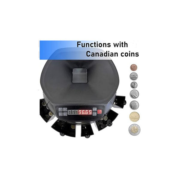 The PCPOS Systems ASSUR Canadian Coin Counter Machine is an automatic sorter ideal for offices, stores, and more. It features a digital display showing 9465, labeled slots for various Canadian coins, and images on the right for easy reference.