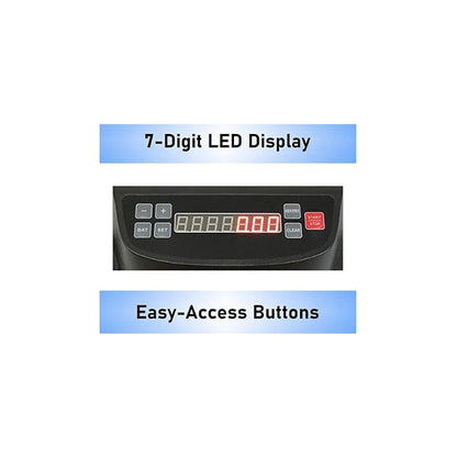 Close-up of the ASSUR Canadian Coin Counter by PCPOS Systems, featuring a 7-digit red LED display. Text reads Digital Counting Display and Easy-Access Buttons. The panel has SET, CLEAR, and numerical controls, perfect for an Automatic Coin Sorter or Canadian Coin Counter.