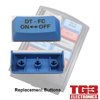 Close-up of a blue TG3 Bump Bar Key Cap labeled DT-FC ON ↔ OFF with mounting pegs visible. A blurred keypad, likely part of the TG3 Kitchen system by PCPOS Systems A2, is in the background. The bottom right shows the TG3 Electronics logo.