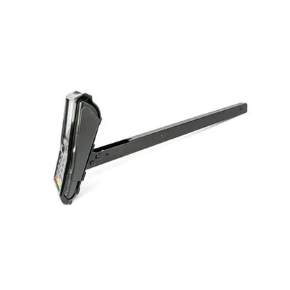 The MainTech99 16” Drive Thru Stick, with optional RED MCD Stick Adapter, is a black, foldable metal bracket ideal for mounting Verifone P400 debit terminals in drive-thru payment installations.
