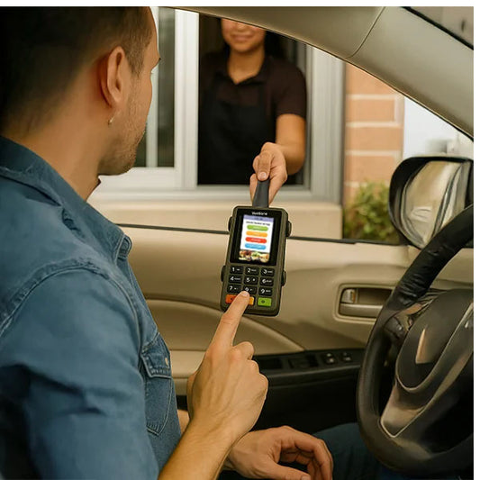 A man in a car at a drive-thru uses the MainTech99 12” Drive Thru Stick with RED MCD Adapter for the Verifone P400 Terminal, handed to him by an employee through the service window.
