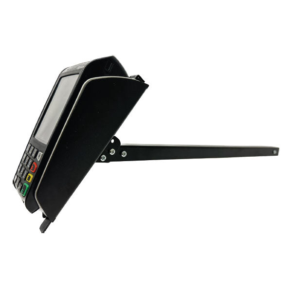 A MainTech99 12” Drive Thru Stick with optional RED MCD Stick Adapter securely mounts a Desk 5000 Debit Terminal, shown on an adjustable bracket from the side, making it ideal as a drive-thru payment solution.