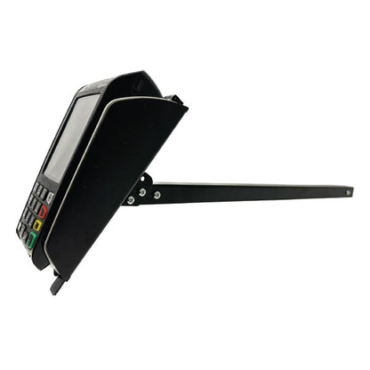 A MainTech99 12” Drive Thru Stick with optional RED MCD Stick Adapter securely mounts a Desk 5000 Debit Terminal, shown on an adjustable bracket from the side, making it ideal as a drive-thru payment solution.