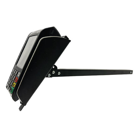 A MainTech99 12” Drive Thru Stick with optional RED MCD Stick Adapter securely mounts a Desk 5000 Debit Terminal, shown on an adjustable bracket from the side, making it ideal as a drive-thru payment solution.