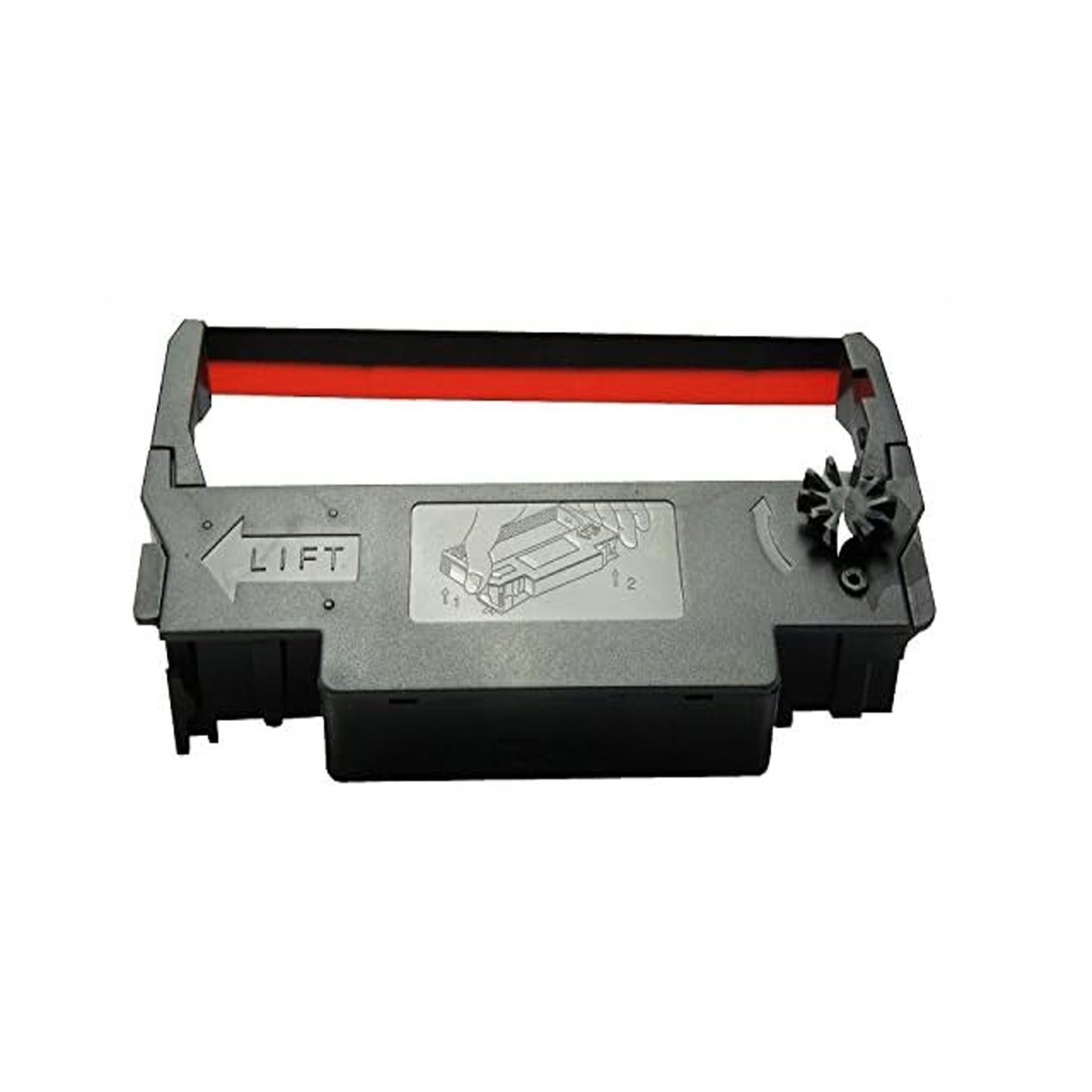 The PCPOS Systems Epson ERC 30 Ink Cartridge in red and black features a gear mechanism on one side, with arrows and LIFT embossed for easy use.