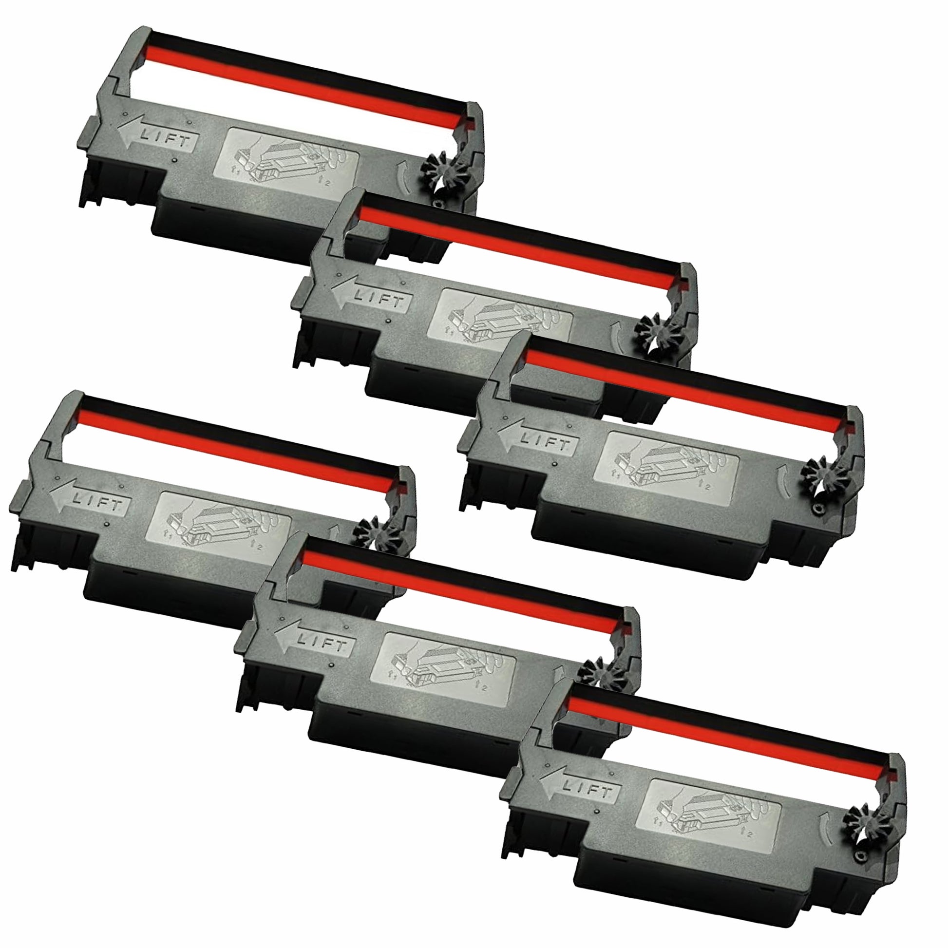 Six Epson ERC 30 ink cartridges by PCPOS Systems, featuring red and black colors, are arranged in two staggered rows. Each cartridge has a LIFT tab and an instructional diagram on top.