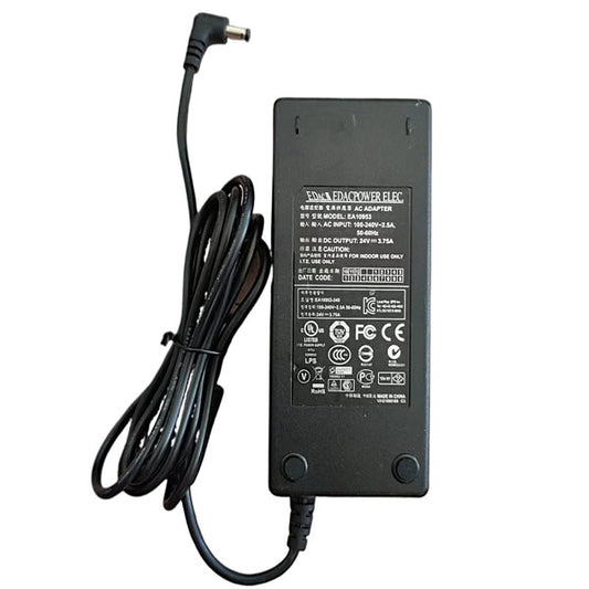 A black PCPOS Systems EDAC EA10953 12V 5A power adapter features a coiled cable and 5.5*2.5 mm right-angle connector, with its label displaying specs, certification logos, and safety details in white text.