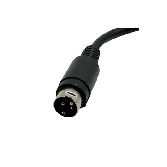 A close-up of a black S-video-like cable with a four-pin round metal connector, similar to those used with the PCPOS Systems Epson M235B 24V 1.5A 50W Printer Power Supply.
