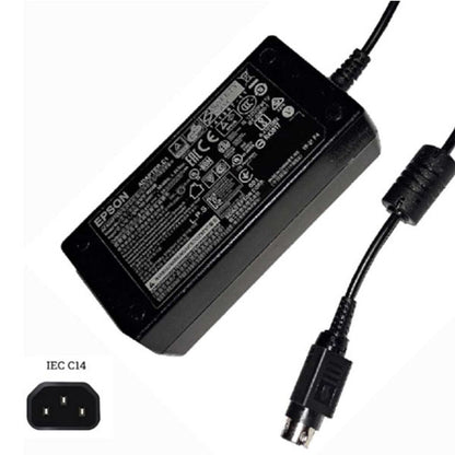 USED Like New Epson M235B printer power supply, 24V 1.5A 50W, features technical spec label, round pin connector, and separate IEC C14 port inset—ideal as a POS or printer adapter.