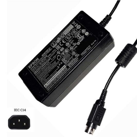 The PCPOS Systems Epson M235B is a black 24V, 1.5A, 50W printer power supply with label and certification symbols, round connector cord, and IEC C14 input socket—ideal for Epson printers.
