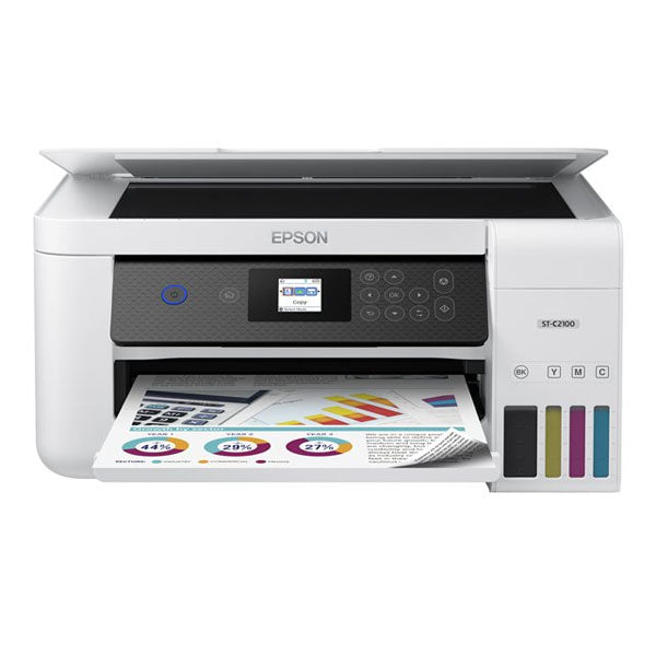 The Epson WorkForce ST-C2100 Supertank, offered by PCPOS Systems, features wireless printing, a digital display, and control buttons. Its visible ink levels provide low-cost ink solutions for smart and efficient multifunction color printing. A page with colorful graphs is partially ejected.