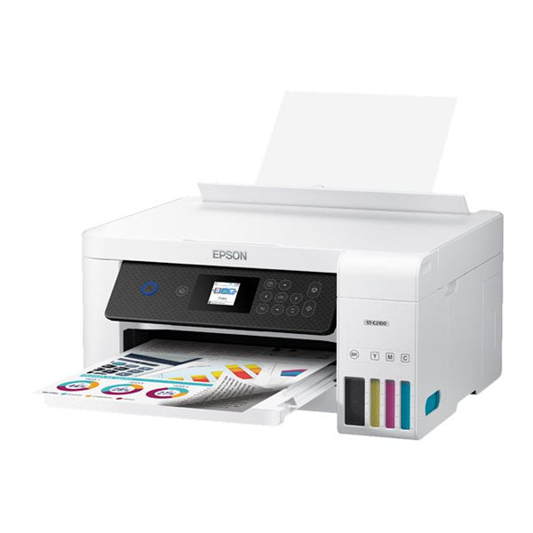 The Epson WorkForce ST-C2100 Supertank Color MFP from PCPOS Systems prints a color document on its white body with a touchscreen display. Visible side ink tanks filled with cyan, magenta, yellow, and black offer efficient, low-cost replacement options.