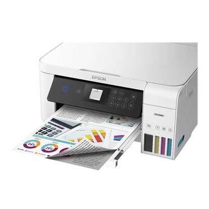 A PCPOS Systems Epson WorkForce ST-C2100 Supertank Color MFP, shown partially printing a color document, highlights its advanced features. With wireless printing and seamless Epson Smart Panel app connectivity, ink levels are visible in side compartments for uninterrupted printing.