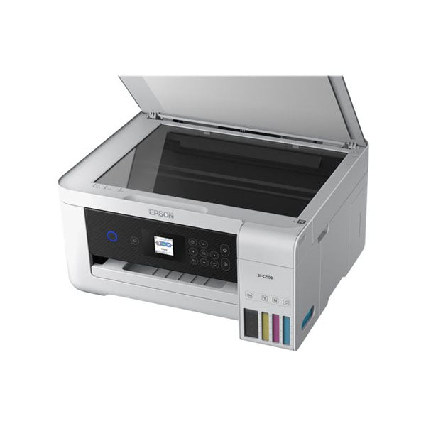 The Epson WorkForce ST-C2100 Supertank Color MFP by PCPOS Systems has an open scanner lid, control panel with buttons, and a display screen. Its modern design shows visible cyan, magenta, yellow, and black ink tanks on the side for low-cost replacements using Supertank printing.