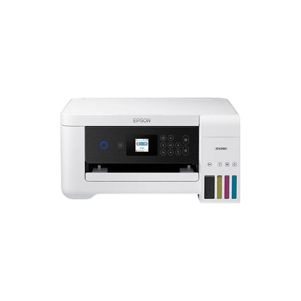 The Epson WorkForce ST-C2100 Supertank Color MFP by PCPOS Systems is a white printer with a front-facing control panel, small display screen, and four visible ink tanks on the right, offering efficient wireless printing and low-cost replacement ink bottles.