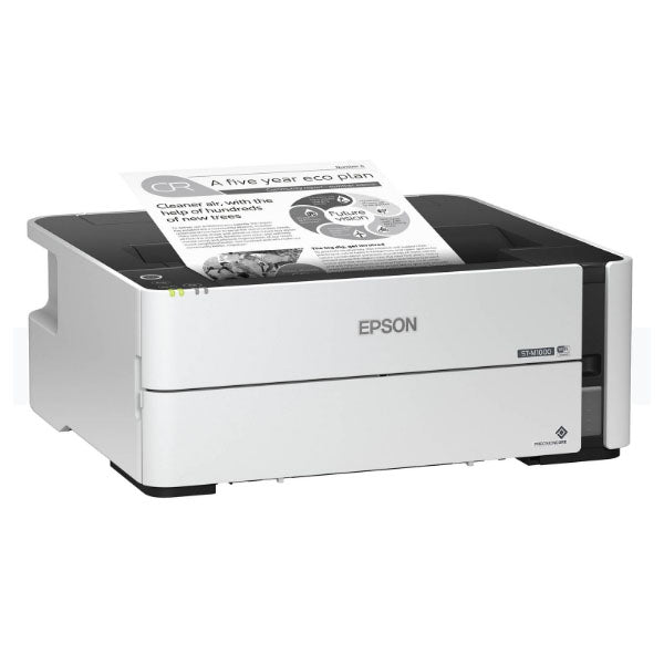 A monochrome Epson WorkForce ST-M1000 printer from PCPOS Systems prints a document. The modern design, with the visible paper tray and Epson branding, highlights its innovative cartridge-free technology for 1200 x 2400 dpi resolution.