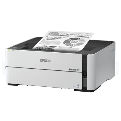 The Epson WorkForce ST-M1000 Desktop Inkjet Printer by PCPOS Systems, in gray, efficiently handles monochrome printing at 1200 x 2400 dpi. It features a partially printed page with text and circular graphics emerging from the top, alongside a digital display and buttons on its upper left corner.