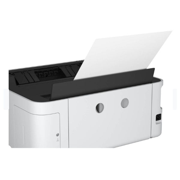 The Epson WorkForce ST-M1000, by PCPOS Systems, is a gray EcoTank printer with a minimalist design. It has a black paper tray, side control buttons, and features efficient cartridge-free printing, feeding paper into the top output tray via advanced PrecisionCore technology for exceptional performance.