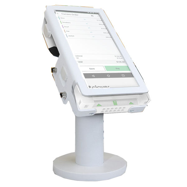 A Clover Flex 3 Terminal by PCPOS Systems is mounted on a Clover Flex 3 Free Standing Debit Terminal Mount. The touchscreen shows an order summary with items, quantities, and prices, plus save or pay options. With efficient cable management, the device is angled slightly to the left.